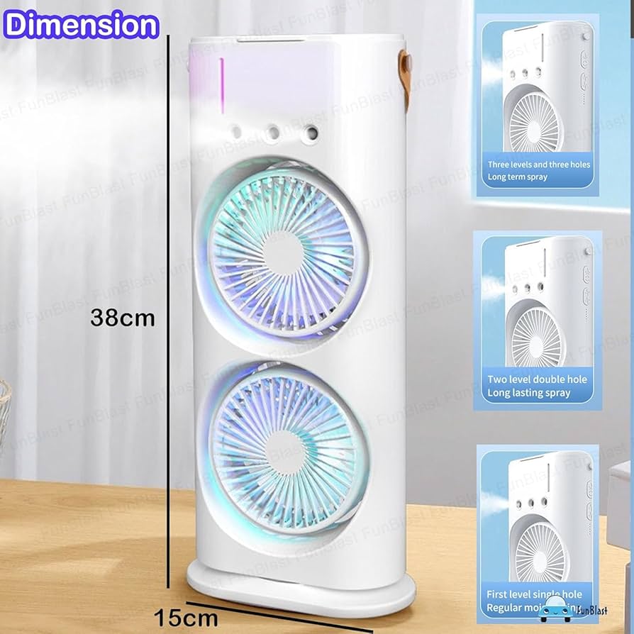 Active Style Rechargeable, Remote Control, 90° Rotatable, LED Lights, Double Head Mini Air Conditioner Fan Double Ended Mist Spray Fan (Pack Of 01) Portable Dual Ended Humidifying AC Air Cooler Lamp for Home, Office, Study & Travel