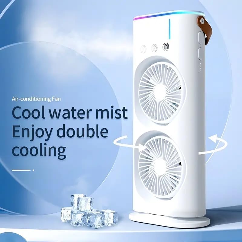 Active Style Rechargeable, Remote Control, 90° Rotatable, LED Lights, Double Head Mini Air Conditioner Fan Double Ended Mist Spray Fan (Pack Of 01) Portable Dual Ended Humidifying AC Air Cooler Lamp for Home, Office, Study & Travel