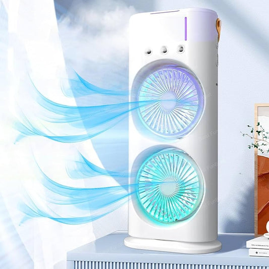 Active Style Rechargeable, Remote Control, 90° Rotatable, LED Lights, Double Head Mini Air Conditioner Fan Double Ended Mist Spray Fan (Pack Of 01) Portable Dual Ended Humidifying AC Air Cooler Lamp for Home, Office, Study & Travel